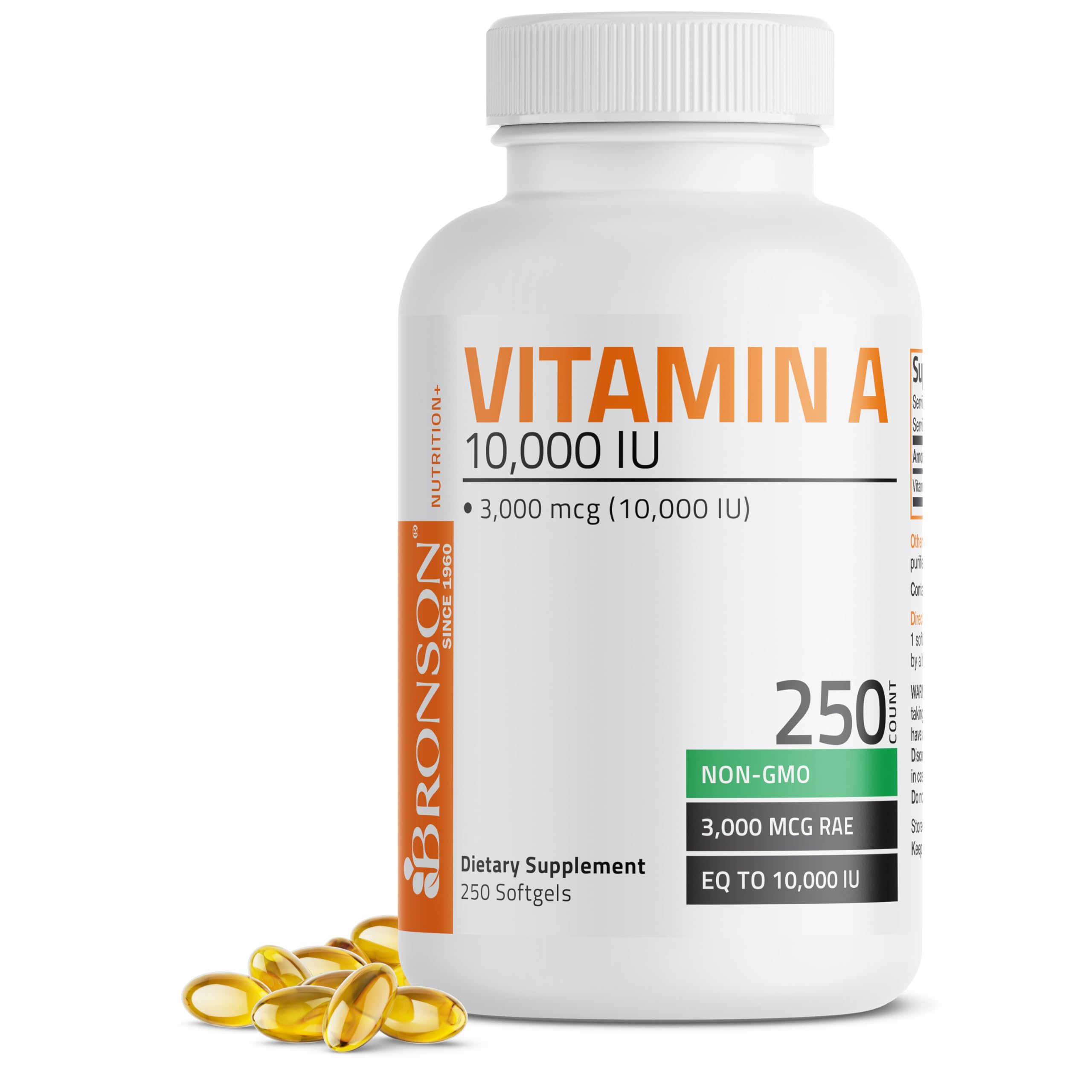 Bronson Vitamin A 10000 IU Premium NonGMO Formula Supports Healthy Vision Immune System and Healthy Growth Reproduction 250 Softgels